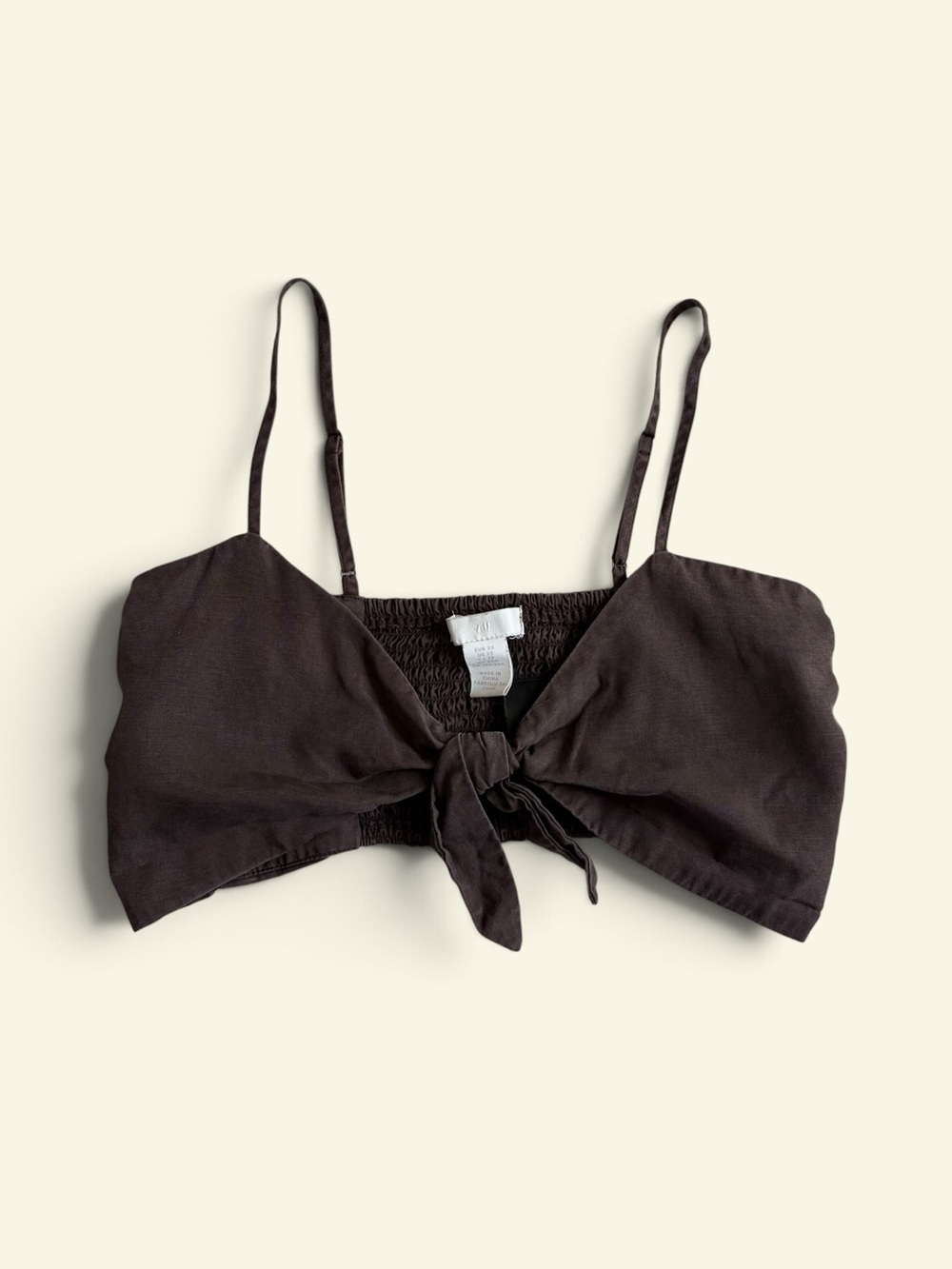 H&M Brown Linen Blend Tie Front Crop Top Smocked Back Boho Cottagecore Y2K XS